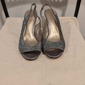 Pelle Moda Gunmetal Glitter Peep-Toe Slingback Heels